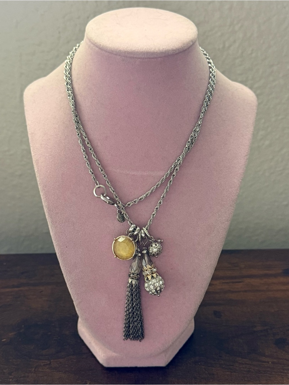 Long Loft Silver-Tone Multi-Charm Pendant Necklace with Yellow Gem Accent